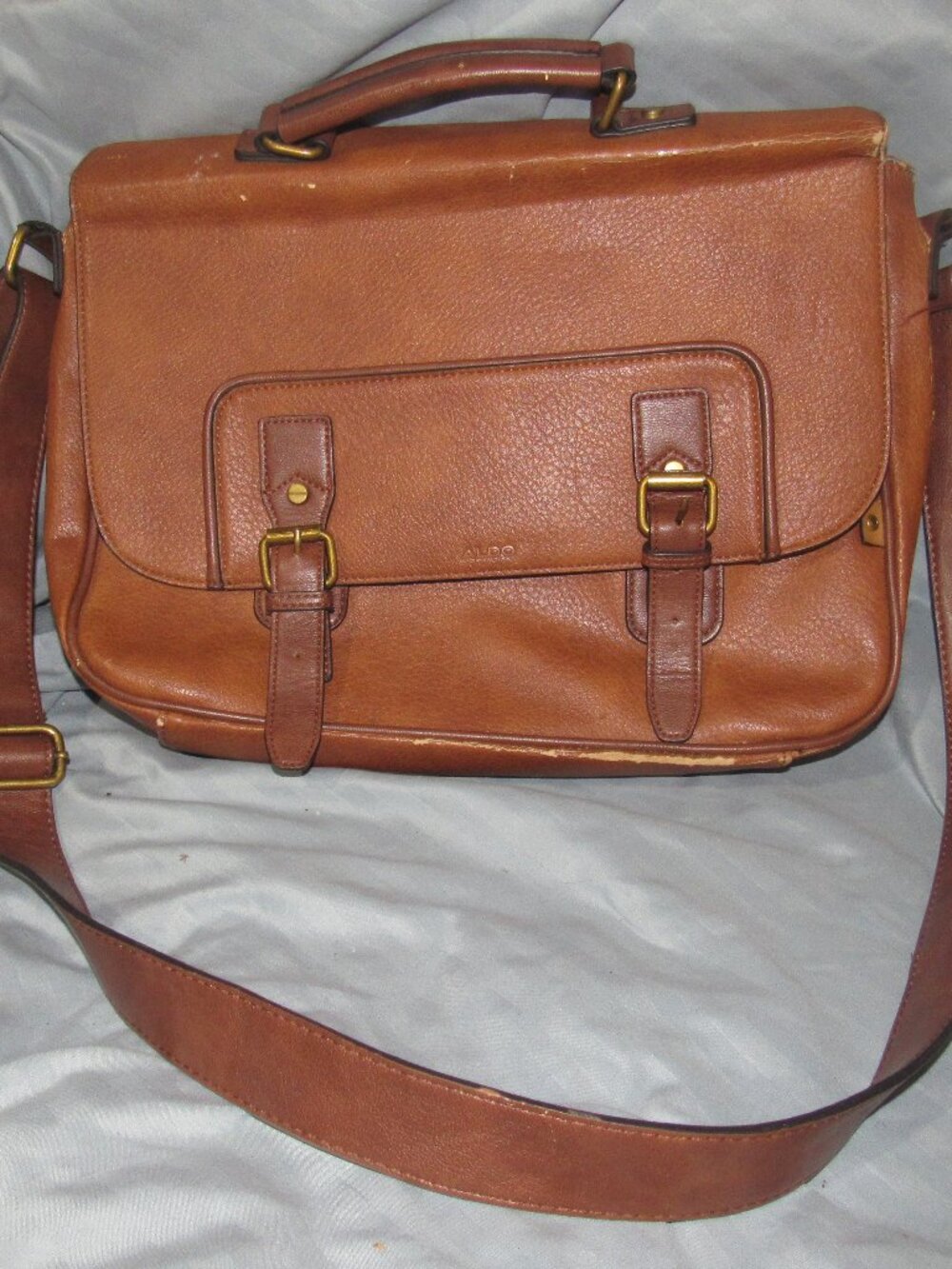 Aldo Messenger Bag Faux Leather, Camel Brown, Original Strapped DISTRESSED  X117